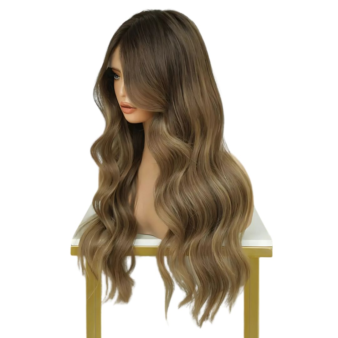 Radiant Grace: The Long Ash Brown with Honey Blonde Highlights Lace Front Wig
